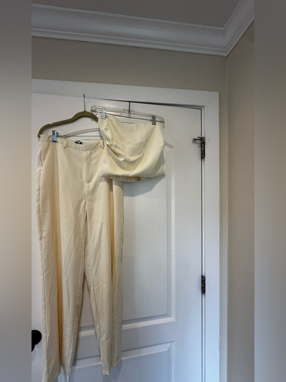 Cream High-Waist Tailored Pants with matching strapless top